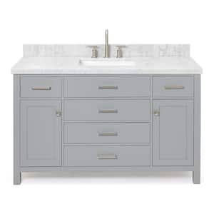 Bristol 55 in. W x 22 in. D x 36 in. H Freestanding Bath Vanity in Grey with White Marble Top