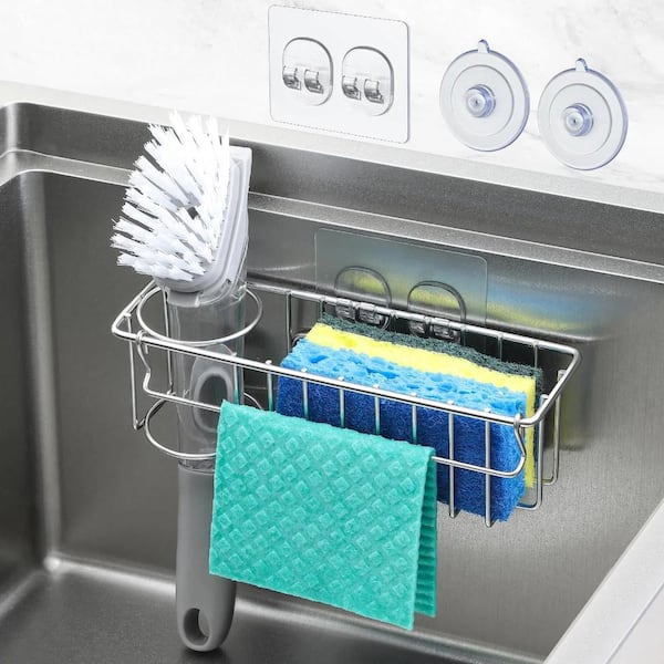 PRIMEPLUS 3-in-1 Sponge Holder for Kitchen Sink with Suction Cups and Adhesive Hook, Wall Hanging Sink Caddy Organizer