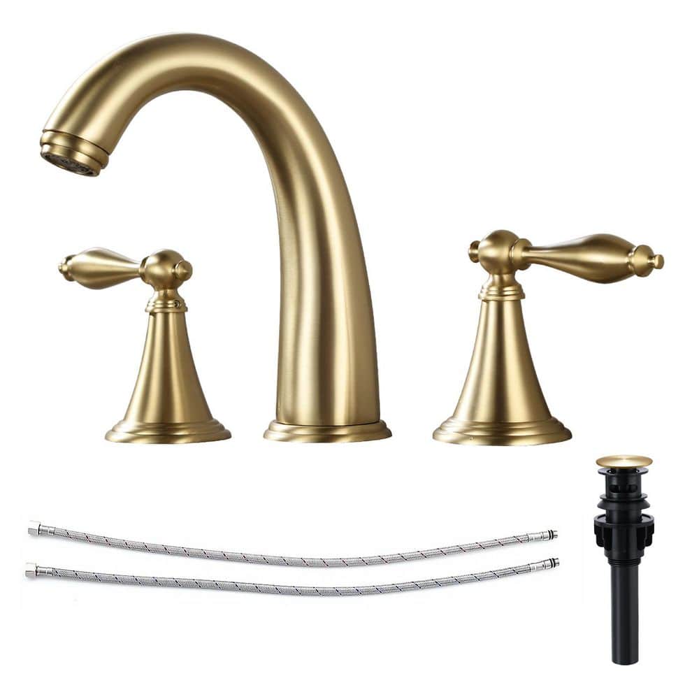 2 Handles 8 in. Widespread Bathroom Faucet 3-Hole Bathroom Sink Faucet With Pop-up Drain in Brushed Gold price history on PriceWatchPro