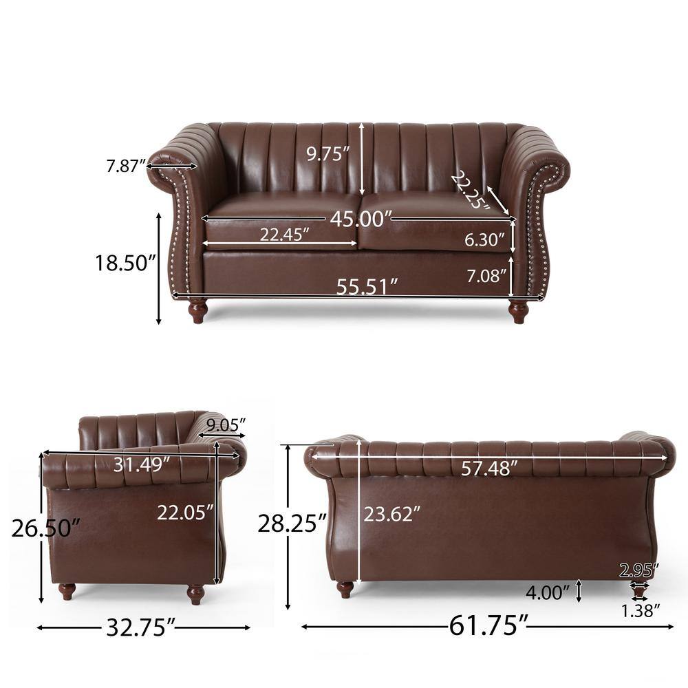 Elegant Dark Brown Faux Leather Loveseat with Espresso Wood Accents