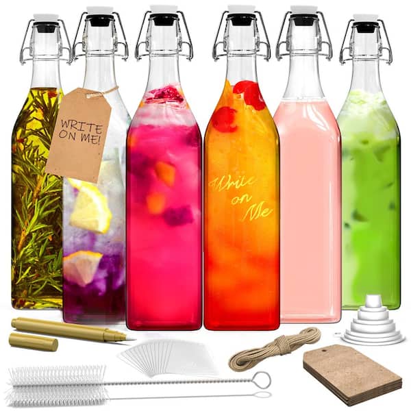 6 Pack 33 oz. Square Glass Bottles with Swing Top Stoppers, Bottle Brush, Funnel, and Gold Glass Marker