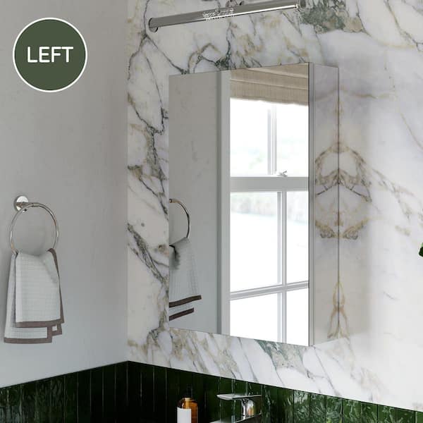 FAMYYT 16 in. W x 24 in. H Rectangular Silver Aluminum Recessed/Surface Mount Medicine Cabinet with Mirror, Left Hinge