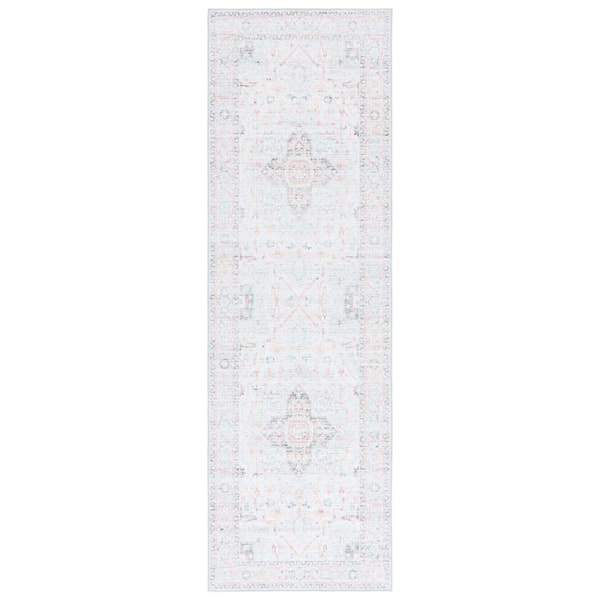 SAFAVIEH Arizona Light Gray/Light Green 3 ft. x 8 ft. Distressed Border Ornate Machine Washable Runner Rug