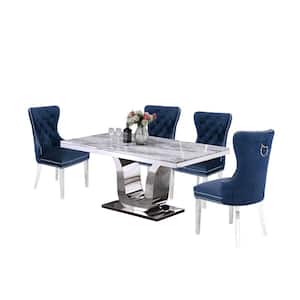 Ada 5-Piece White Marble Top Stainless Steel Base Table Set, 4-Navy Blue Velvet Chairs with Nail Head Trim, Back Handle