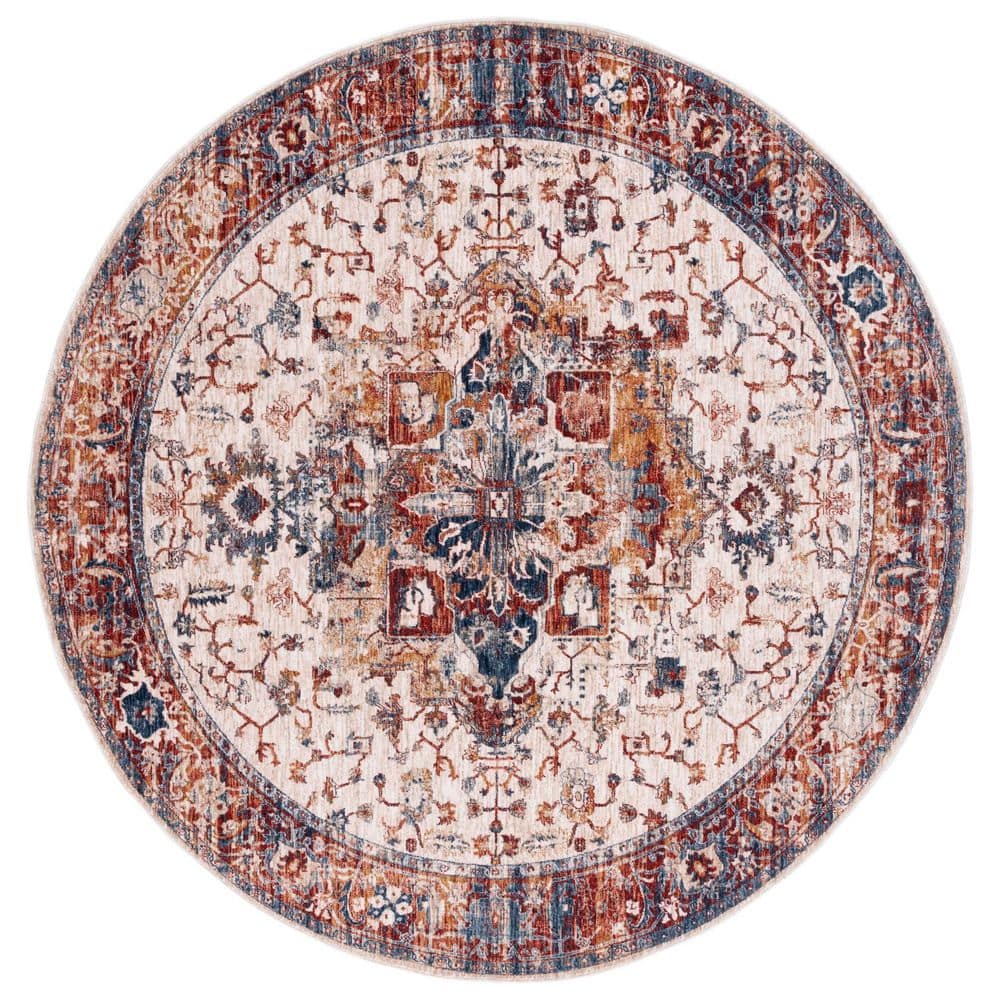 SAFAVIEH Heirloom 7 ft. x 7 ft. Ivory/Blue Rust Border Distressed Round ...