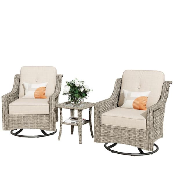 Eureka Grey 3-Piece Wicker Outdoor Patio Conversation Swivel Rocking Chair Seating Set with Beige Cushions
