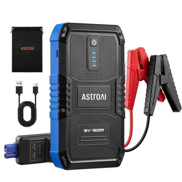 1500 Amp Portable Car Jump Starter V8 w/ Smart Boost, Metal Clamps 8 Safety Protections for 6.0L Gas/3.0L Diesel Engines