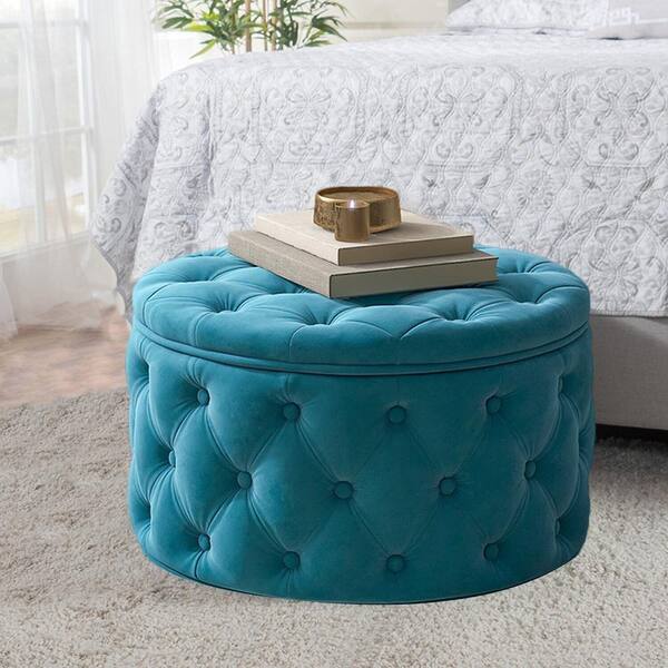 Classic 29.5 in. W Blue Storage Round Ottoman with Button Tufted