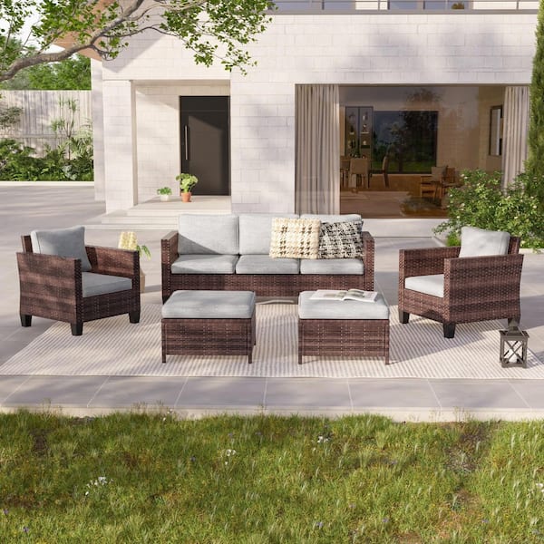JOYESERY 5-Piece Outdoor Patio Conversation Set Widened Back and Arm Brown Wicker 3-Seat Sofa 2-Ottomans, Light-colored Gray