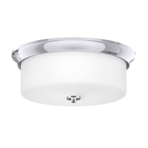 SIGNATURE HARDWARE Gardenville 14.63 in. 1-Light Polished Chrome Drum Flush Mount with Frosted Glass Shade and No Bulbs Included 1-Pack