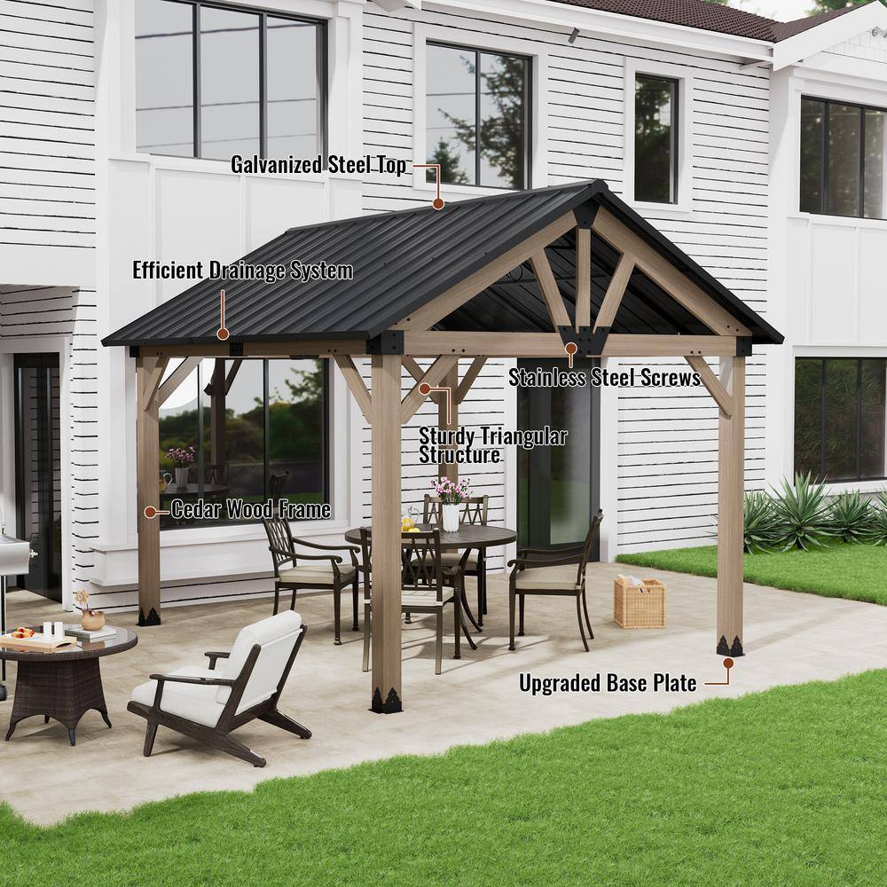 10'x12' Cedar Wood Frame Gazebo with Black Steel Gable Roof
