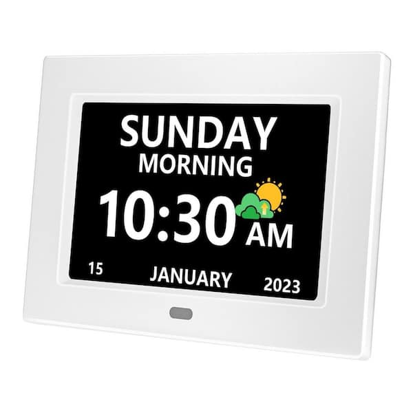 Angel Sar 7 in. White Large Display Digital Alarm Clock with Day, Date, 5-Alarms and 3-Medicine Reminders for Elderly