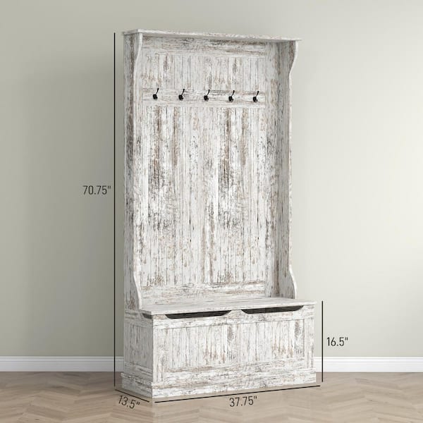 37.75 in. W x 13.5 in. D x 70.75 in. H White Wood Hall Tree with Storage Bench, Coat Rack and 4 Hooks for Entryways