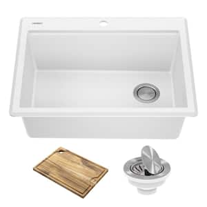 Bellucci White Granite Composite 28 in. Single Bowl Drop-In Workstation Kitchen Sink with Accessories