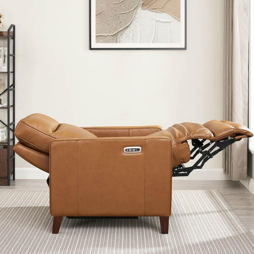 Cognac Genuine Leather Zero Gravity Recliner with Wood Frame