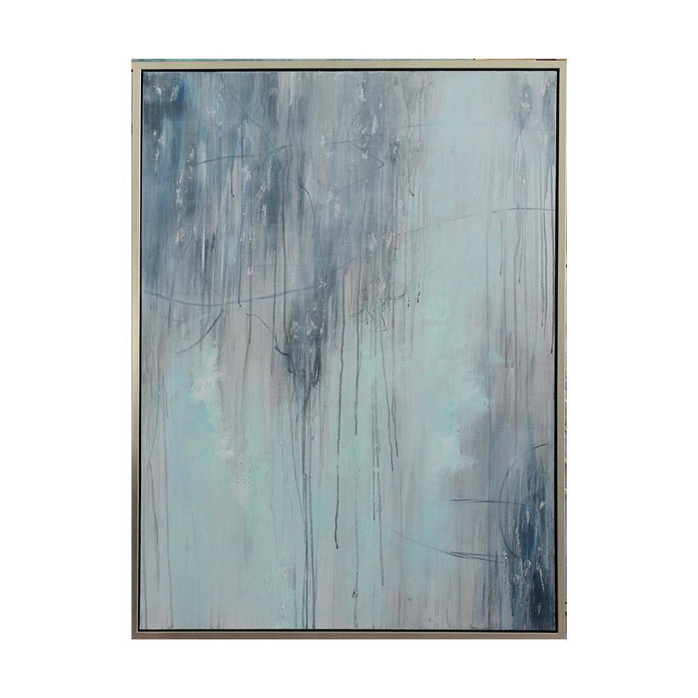 Blue and White Abstract Oil Painting on Canvas with Silver Frame