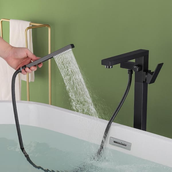 Single Handle High Arc Floor Mount Freestanding Tub Faucet with Hand Shower in Matte Black