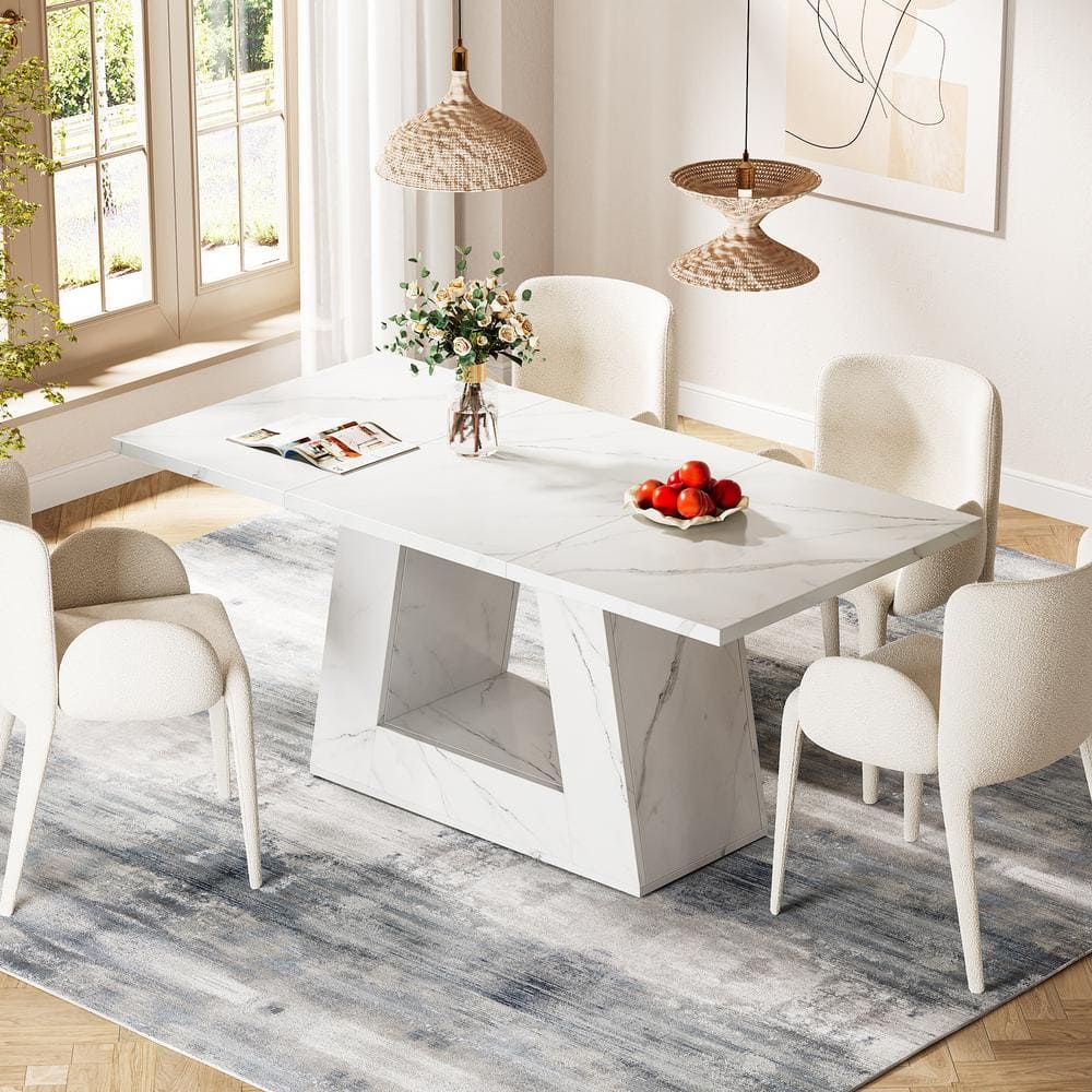 White Faux Marble Rectangular Dining Table with Trapezoidal Base