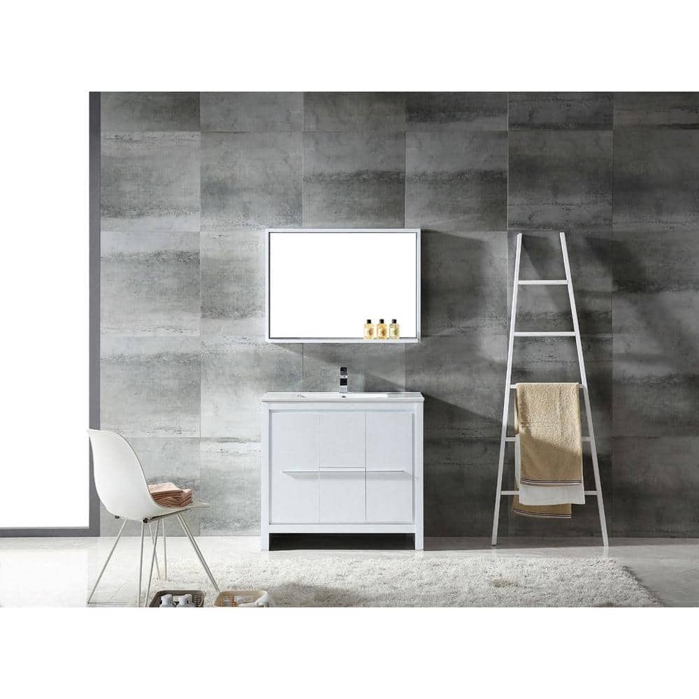Modern Glossy White 36" Plywood Vanity Set with Ceramic Top & Mirror