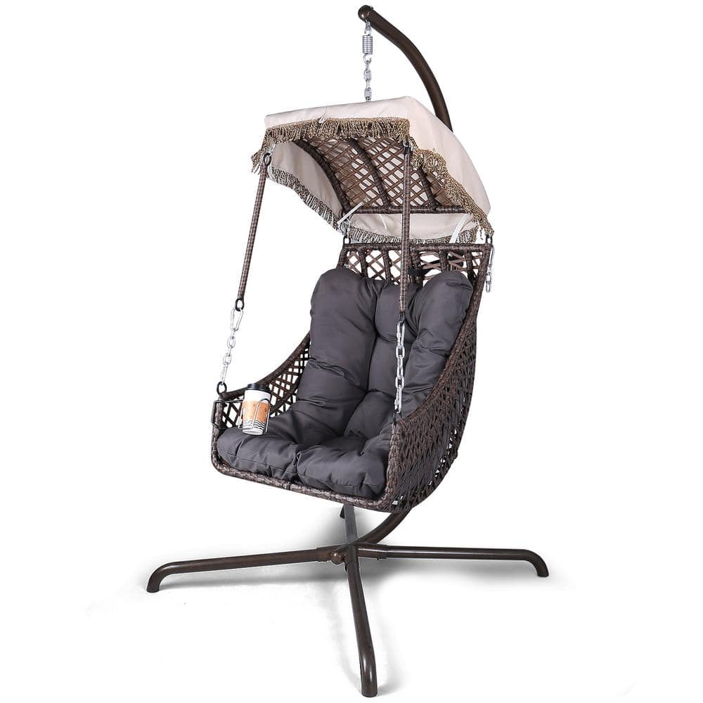 Black Metal Patio Freestanding Swing Egg Chair With Gray leaf Cushion and Pillow -  Zeus & Ruta, W0709-CYF02