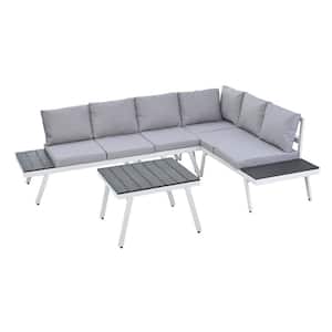5-Piece White Aluminum Patio Outdoor Sectional Sofa Set with Grey Cushions, Ottomans and 1 End Table