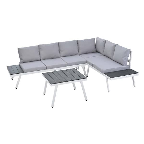 Zeus & Ruta 5-Piece White Aluminum Patio Outdoor Sectional Sofa Set with Grey Cushions, Ottomans and 1 End Table