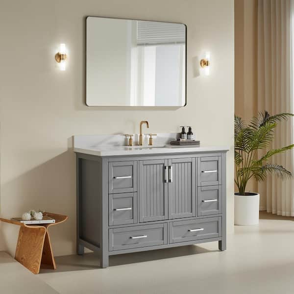 48 in. Solid Wood Freestanding Gray Bath Vanity with Carrara Marble Top Assembled