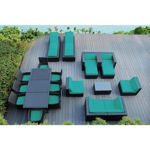Black 20-Piece Wicker Patio Combo Conversation Set with Supercrylic Turquoise Cushions
