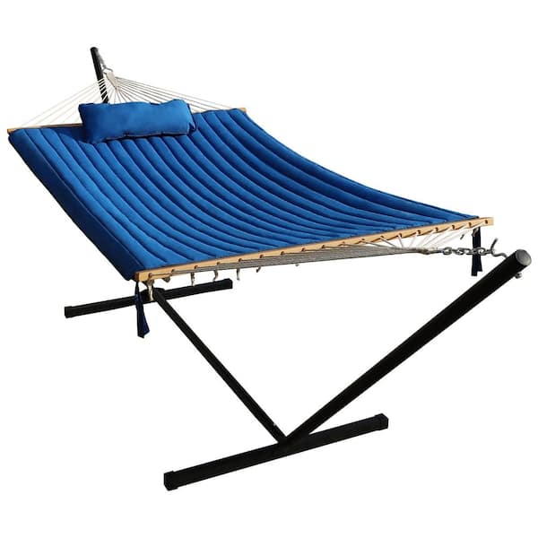 VEIKOUS 12 ft. Quilted 2-Person Hammock with Stand and Detachable Pillow, Dark Blue