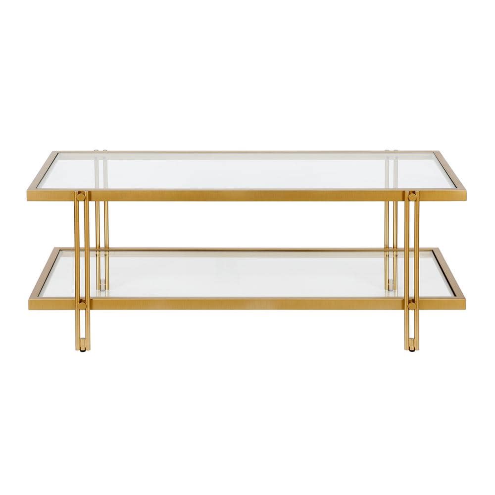 Modern Brass Finish Rectangular Coffee Table with Glass Storage Shelf