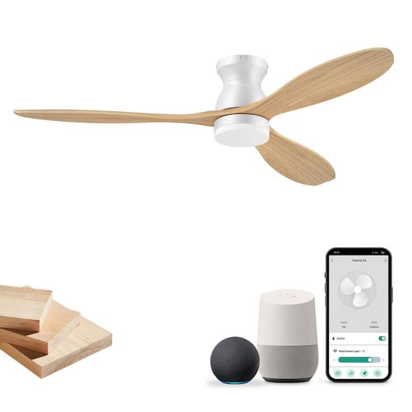 52 in. Modern Wood Flush Mount Ceiling Fan,Solid Wood Blades,Dimmable,Voice via Alexa/APP/Remote,Natural Wood
