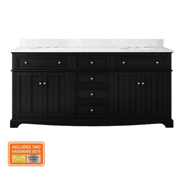 Fremont 72 in. Double Sink Black Bath Vanity with White Engineered Marble Top (Assembled)