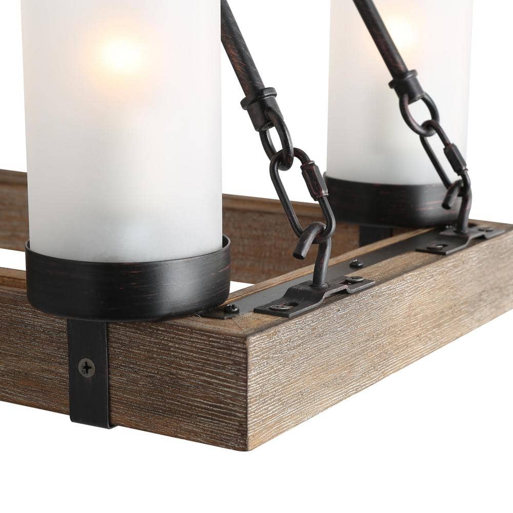 Rustic Bronze and Wood Chandelier with Frosted Glass Shades