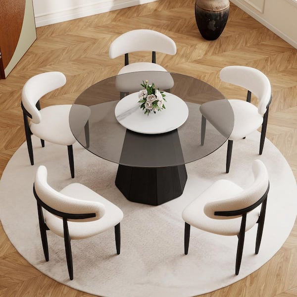 Round 53 in. Black Tempered Glass Tabletop with Rotable Lazy Susan and Pedestal Base Dining Table (Seats 6)