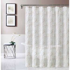 White SHEER Fabric Shower Curtain: Gray Bird Flower & Vine Design  72" L 