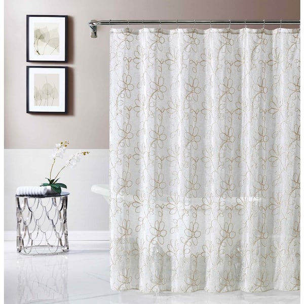 Linen Embroidered Shower Curtain, Embroidered Shower Curtain With Tassels