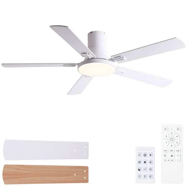 Thalion 52-in. Indoor/Outdoor Integrated LED Matte White Ceiling Fan with Remote Control and Flush Mount for Bedroom