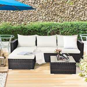 Outdoor 5-Piece Metal Wicker Outdoor Sectional Set with Off White Cushion