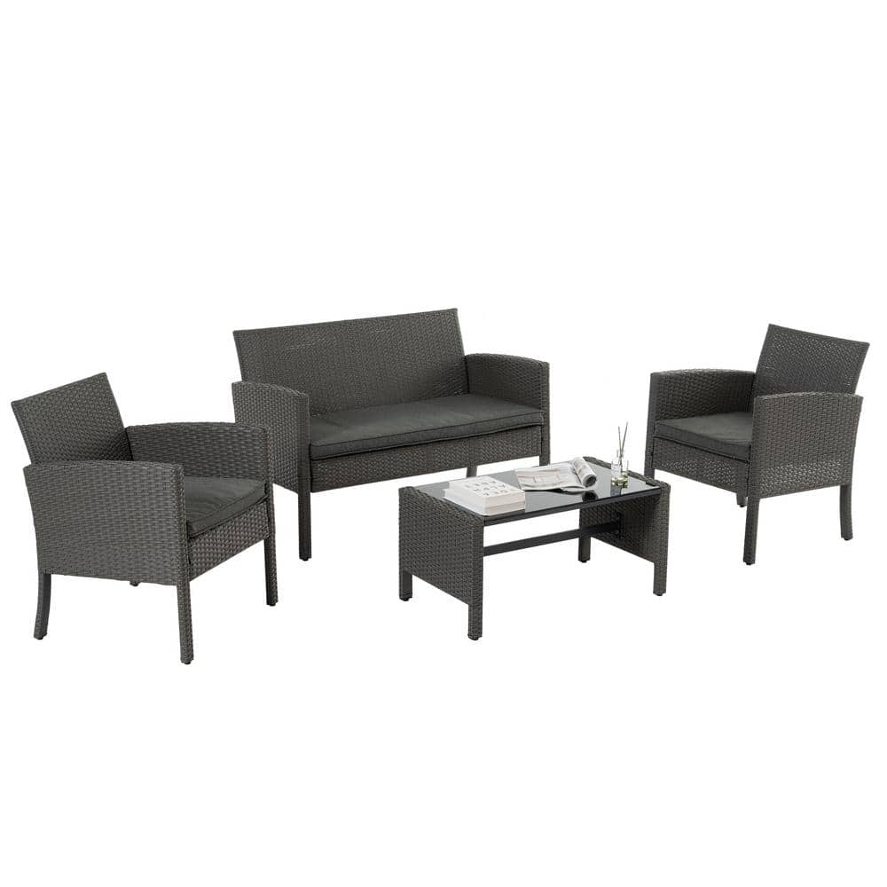 4-Piece Wicker Outdoor Sectional Set,Patio Conversation Set with Table ...