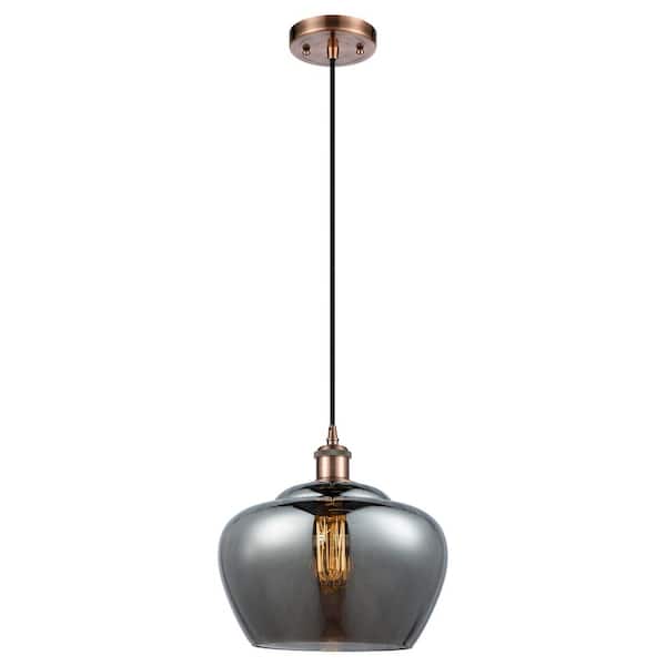 Fenton 100-Watt 1-Light Antique Copper Standard Mini Pendant Light with Painted Glass Shade, No Bulbs Included