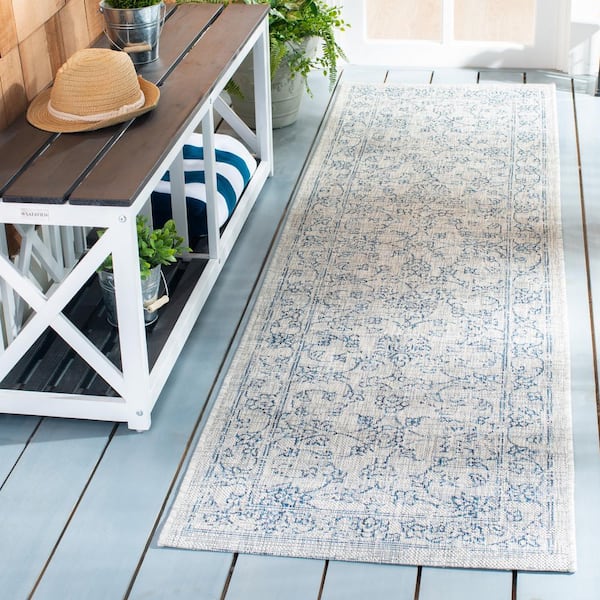 Courtyard Gray/Navy 2 ft. x 5 ft. Border Floral Scroll Indoor/Outdoor Runner Rug