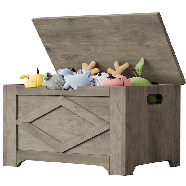 28 Gal. Ash Grey Wood Outdoor Storage Bench with Safety Hinge for Entryway, Bedroom, Living Room