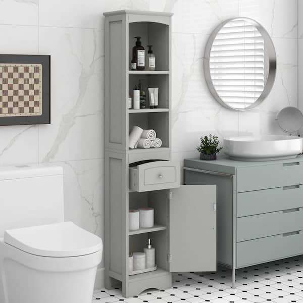 Tall 13.4 in. W x 9.1 in. D x 66.9 in. H Gray MDF Board Freestanding Linen Cabinet with Adjustable Shelves in Grey