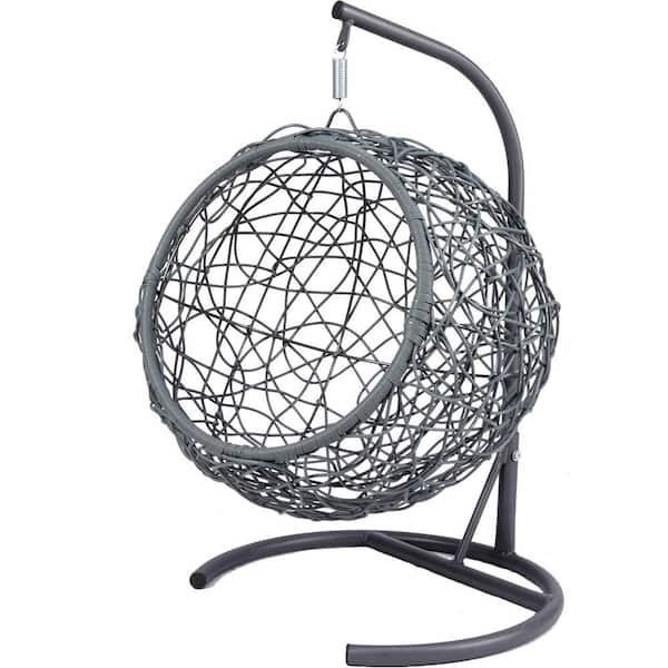 Cat Grey Wicker and Metal Spherical Swing Bed for Small Cat with Green Cushion