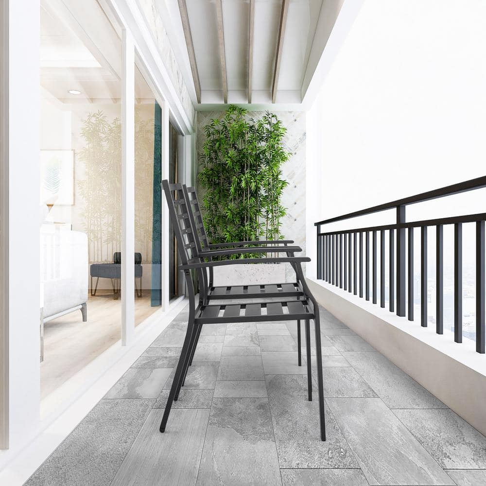 Black Wrought Iron Stackable Outdoor Dining Chairs with Armrest, Set of 2