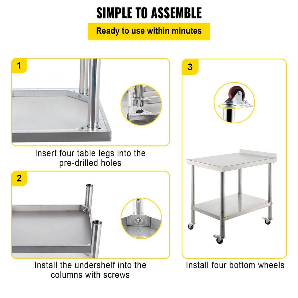 VEVOR 24" Stainless Steel Prep Table with Adjustable Shelf and Casters