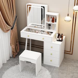 White Wood Makeup Vanity Set Dressing Table with Glass Top, Square Sliding LED Lighted Mirror, 4-Drawers and Stool