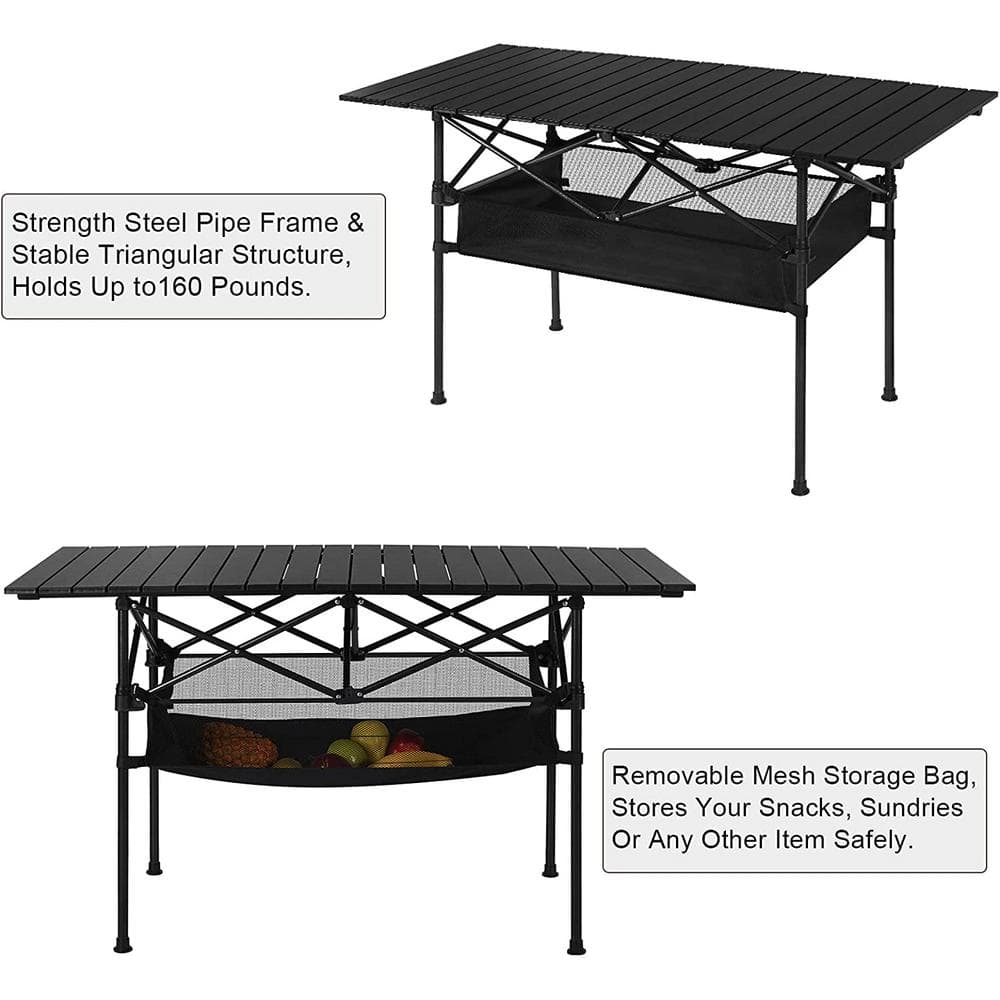 46.5" Black Aluminum Roll-Up Camping Table with Mesh Storage