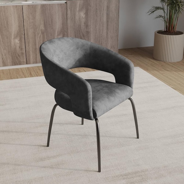 Leisuremod Dining Chair Upholstered in Velvet with Open Curved Backrest and Iron Legs Gavin Collection in Charcoal Velvet
