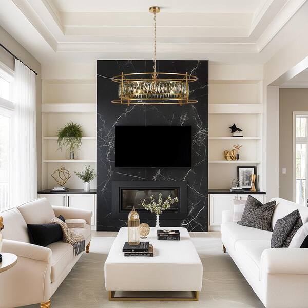 Modern 6-light Vintage Gold Chandelier with Hand-made Crystal for Living Room, Contemporary Glam Drum Ceiling Light